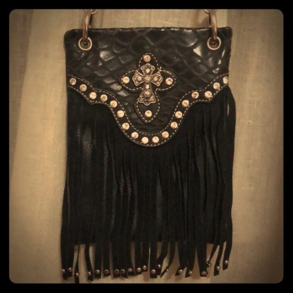 Black Faux Leather Crossbody Purse w/Studded Fringe & Rhinestone Cross & Accents